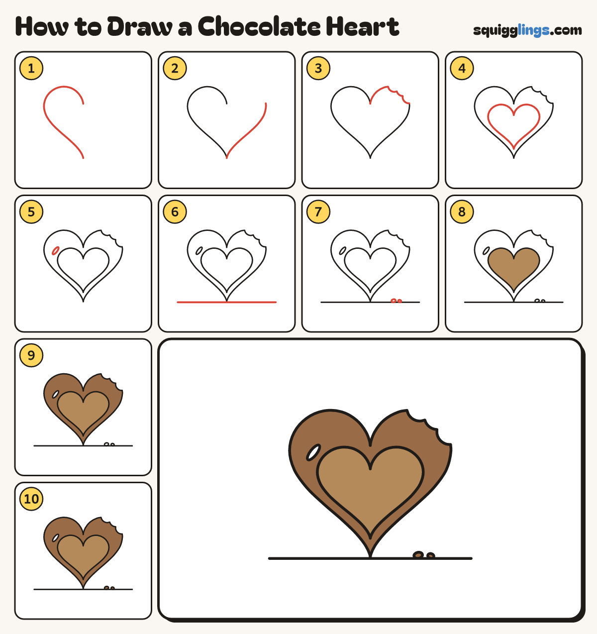 How to Draw a Chocolate Heart step by step: all 10 steps in one picture