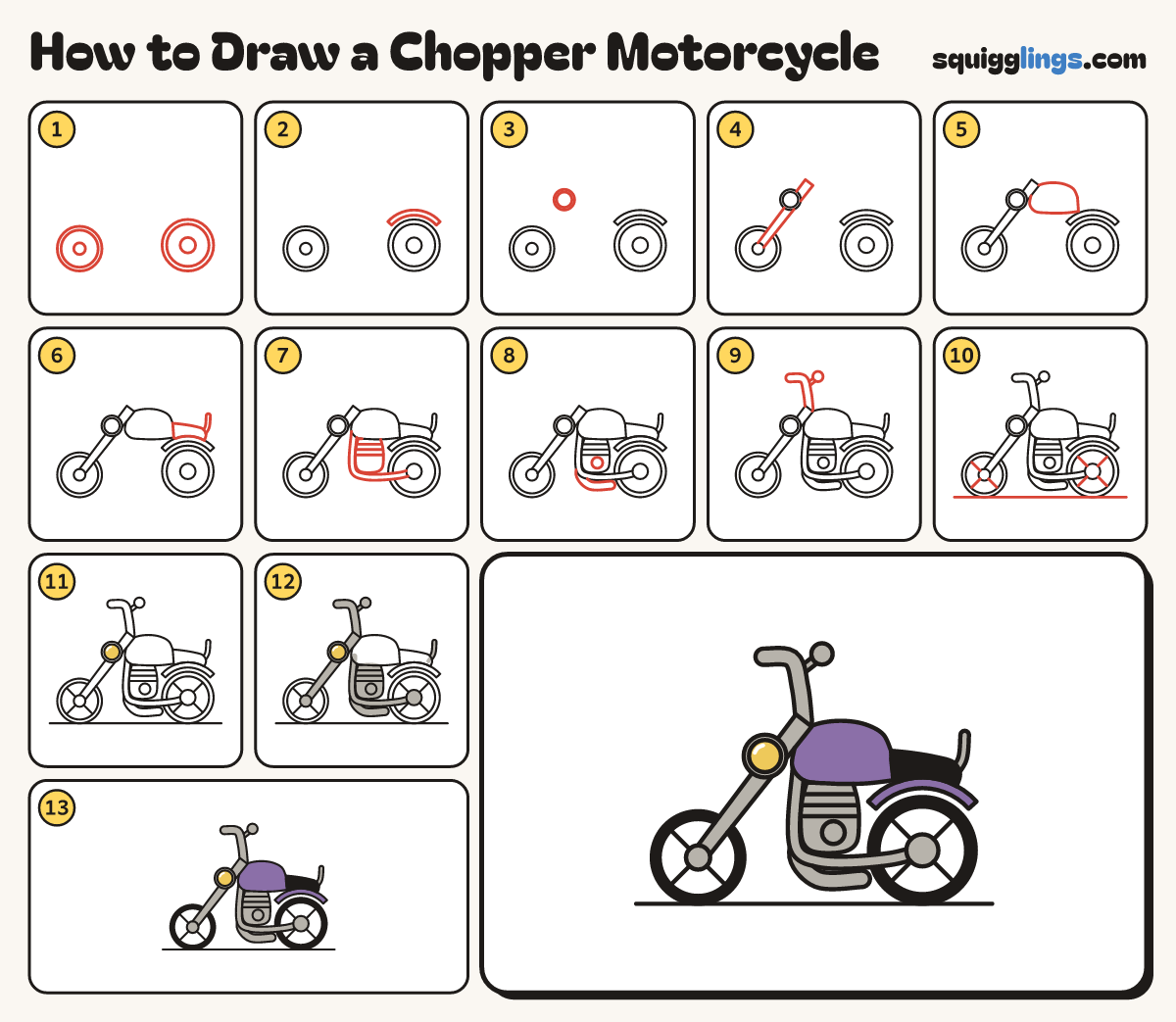 How to Draw a Chopper Motorcycle step by step: all 13 steps in one picture