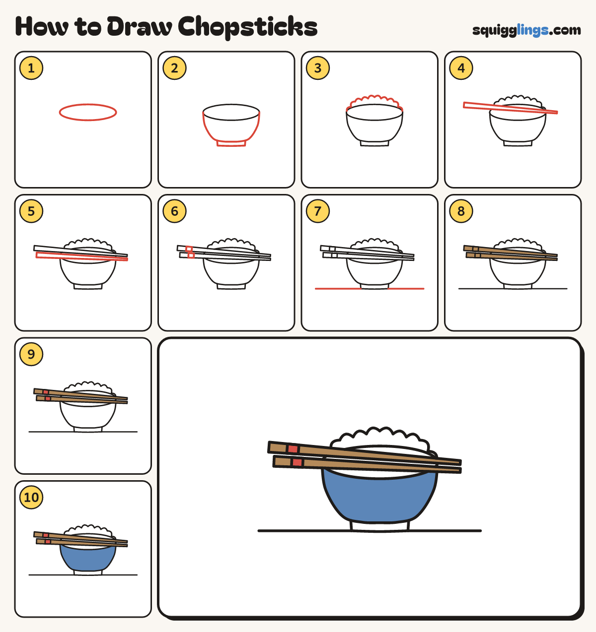 How to Draw Chopsticks step by step: all 10 steps in one picture