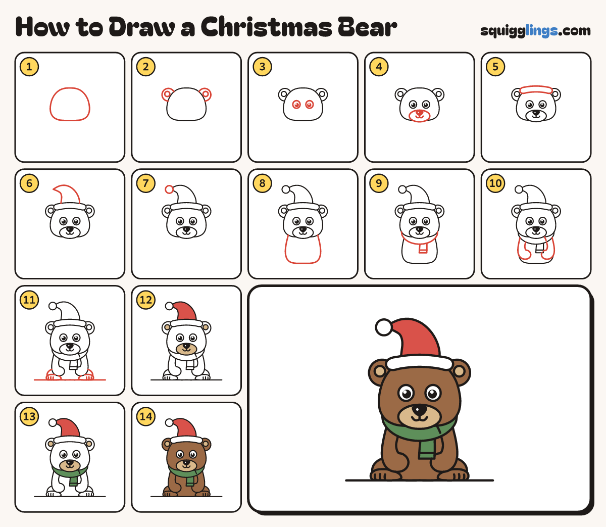 How to Draw a Christmas Bear step by step: all 14 steps in one picture
