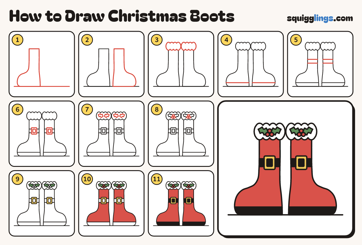 How to Draw Christmas Boots step by step: all 11 steps in one picture