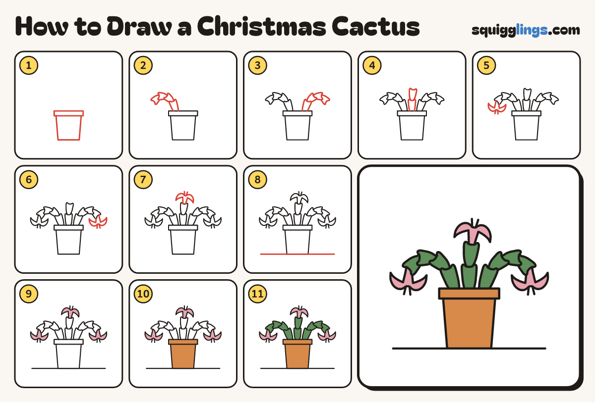 How to Draw a Christmas Cactus step by step: all 11 steps in one picture