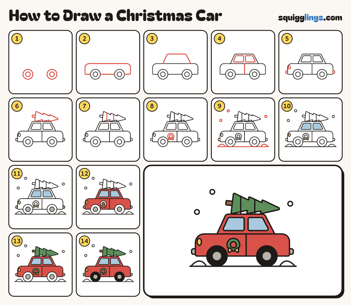 How to Draw a Christmas Car step by step: all 14 steps in one picture