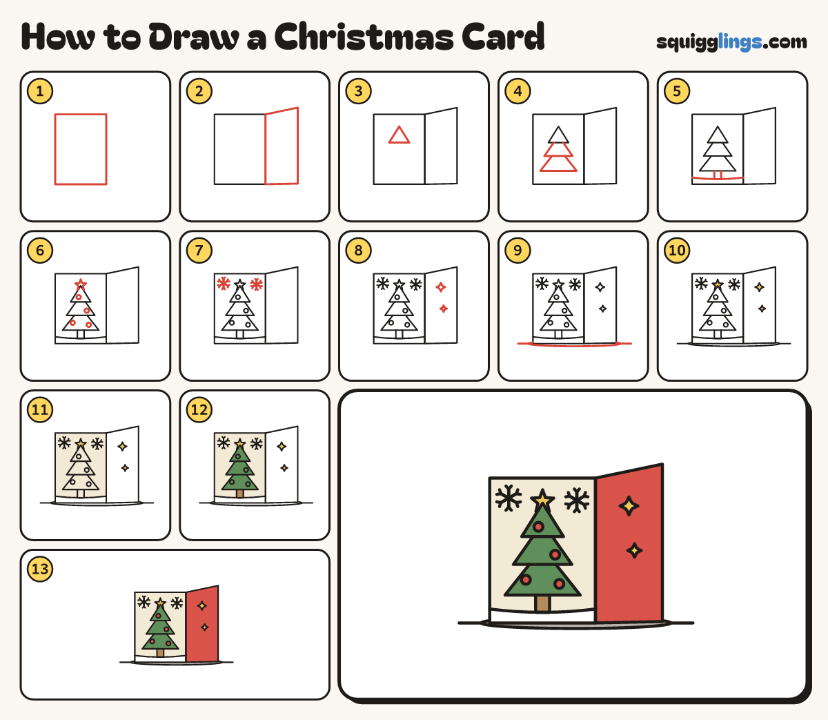 How to Draw a Christmas Card step by step: all 13 steps in one picture