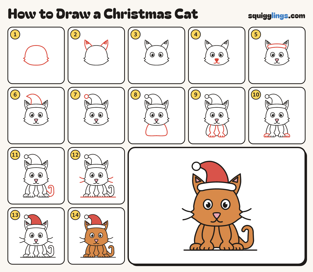 How to Draw a Christmas Cat step by step: all 14 steps in one picture