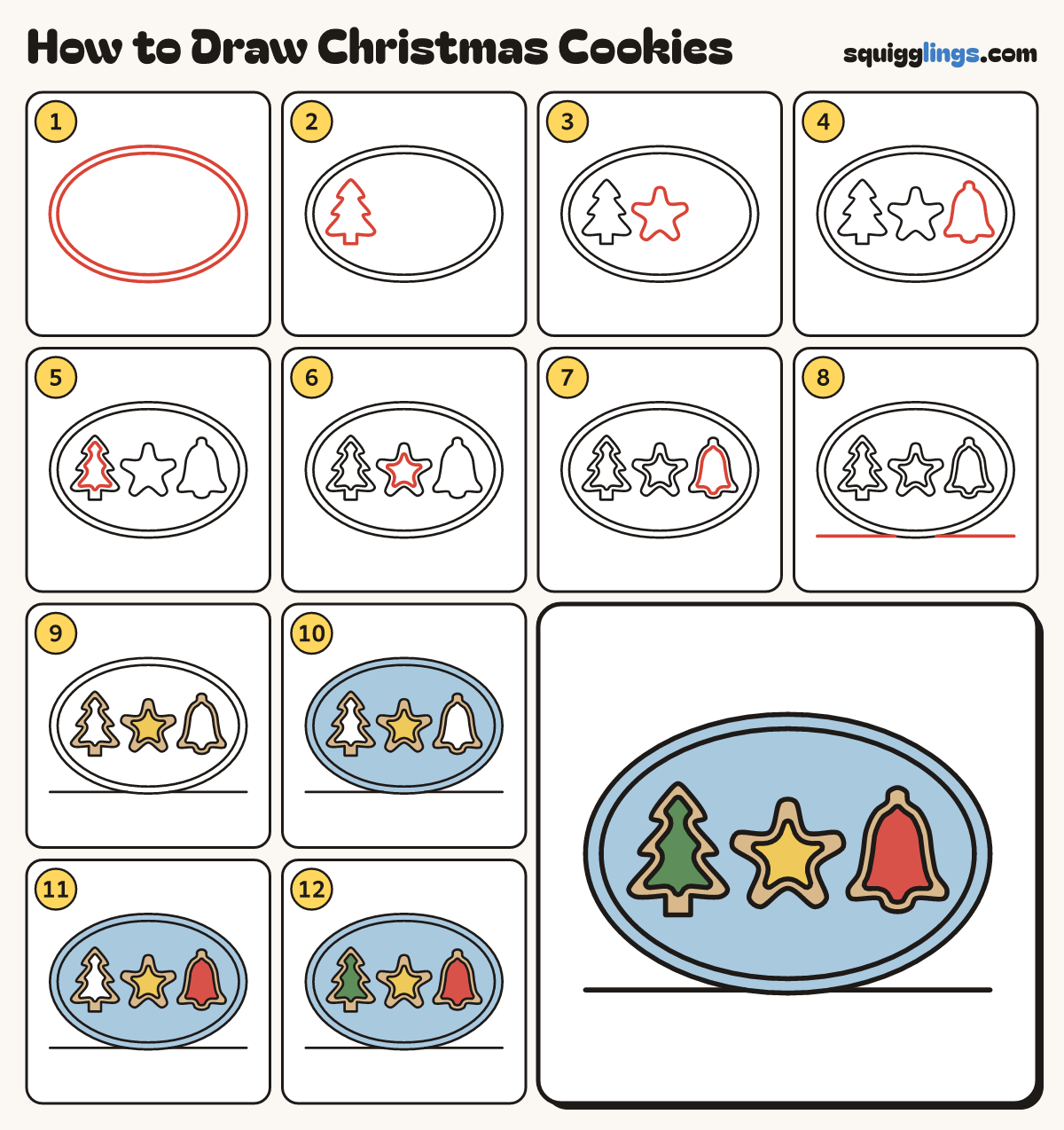 How to Draw Christmas Cookies step by step: all 12 steps in one picture