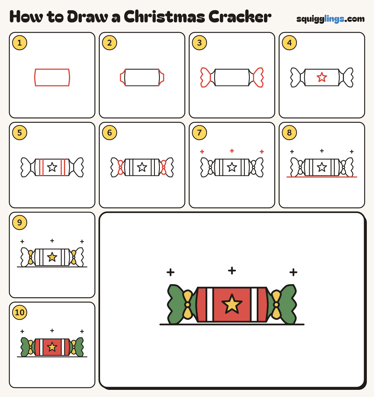 How to Draw a Christmas Cracker step by step: all 10 steps in one picture