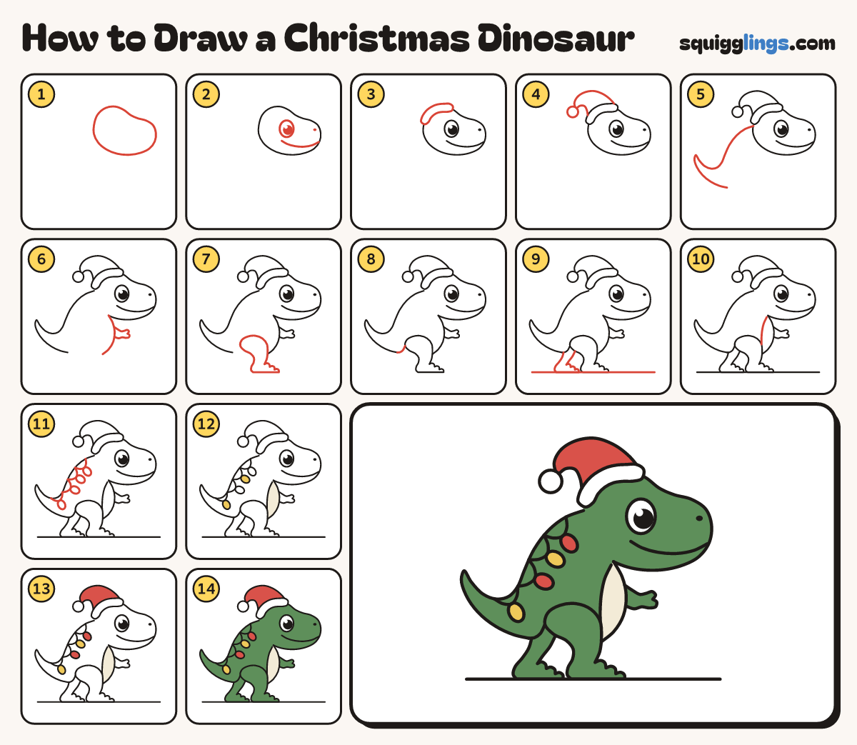 How to Draw a Christmas Dinosaur step by step: all 14 steps in one picture