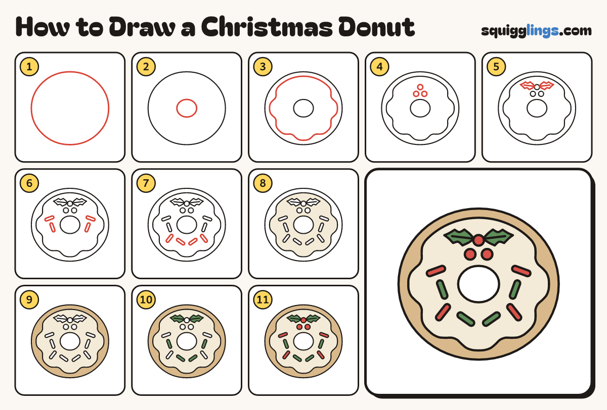 How to Draw a Christmas Donut step by step: all 11 steps in one picture