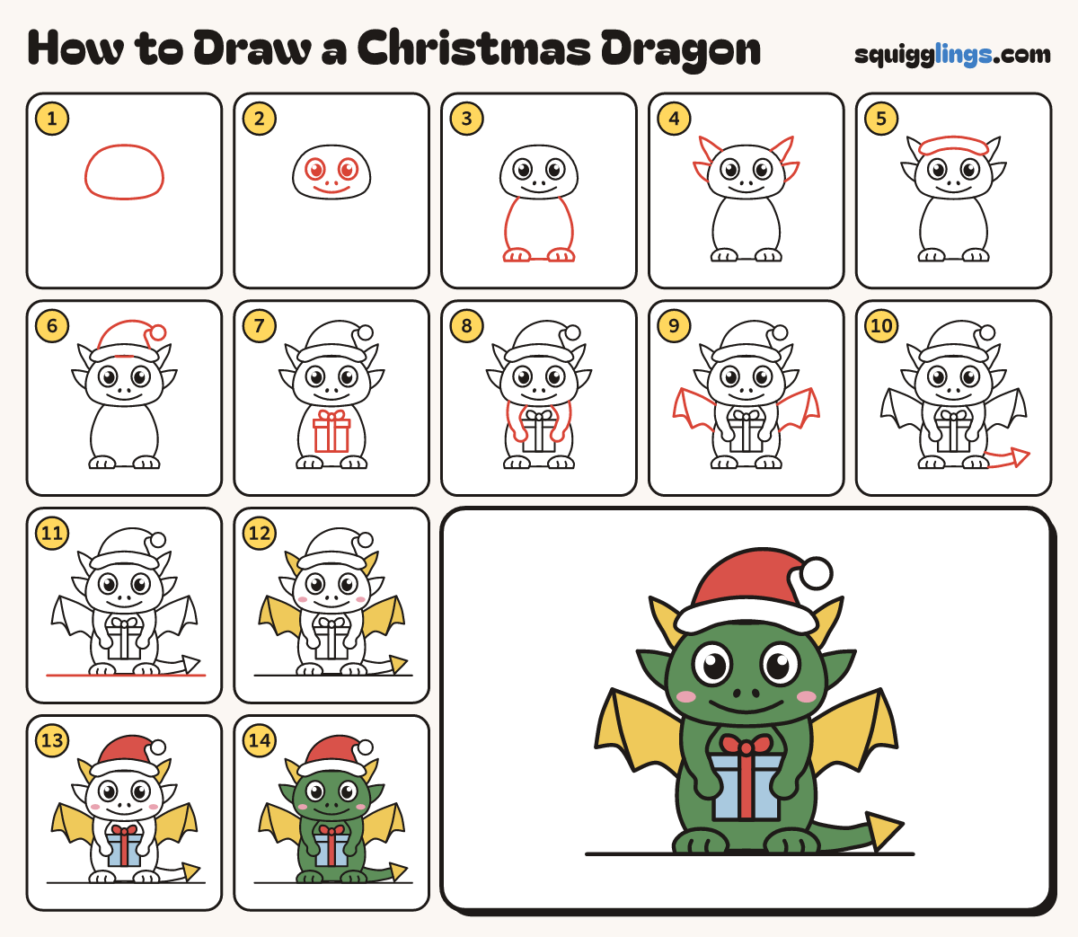 How to Draw a Christmas Dragon step by step: all 14 steps in one picture