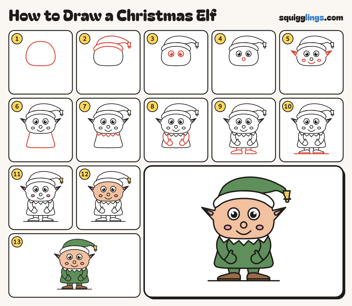 How to Draw a Christmas Elf step by step: all 13 steps in one picture