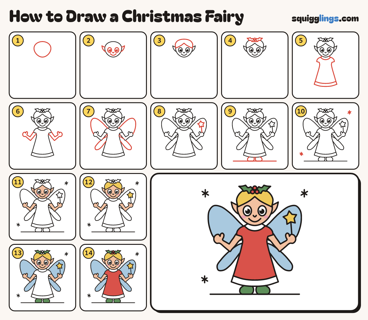 How to Draw a Christmas Fairy step by step: all 14 steps in one picture