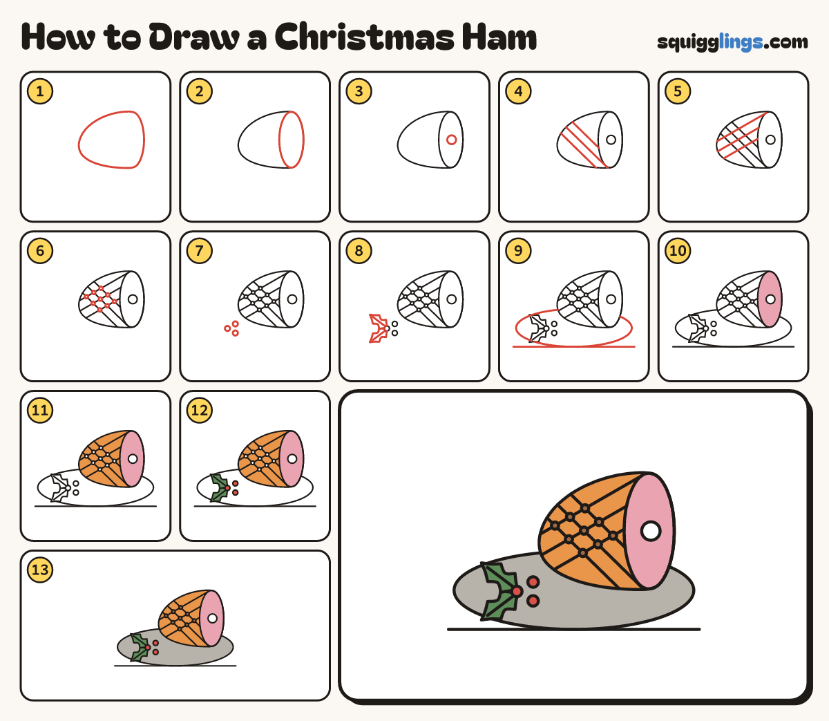How to Draw a Christmas Ham step by step: all 13 steps in one picture