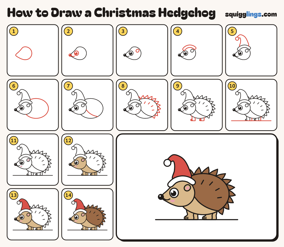 How to Draw a Christmas Hedgehog step by step: all 14 steps in one picture
