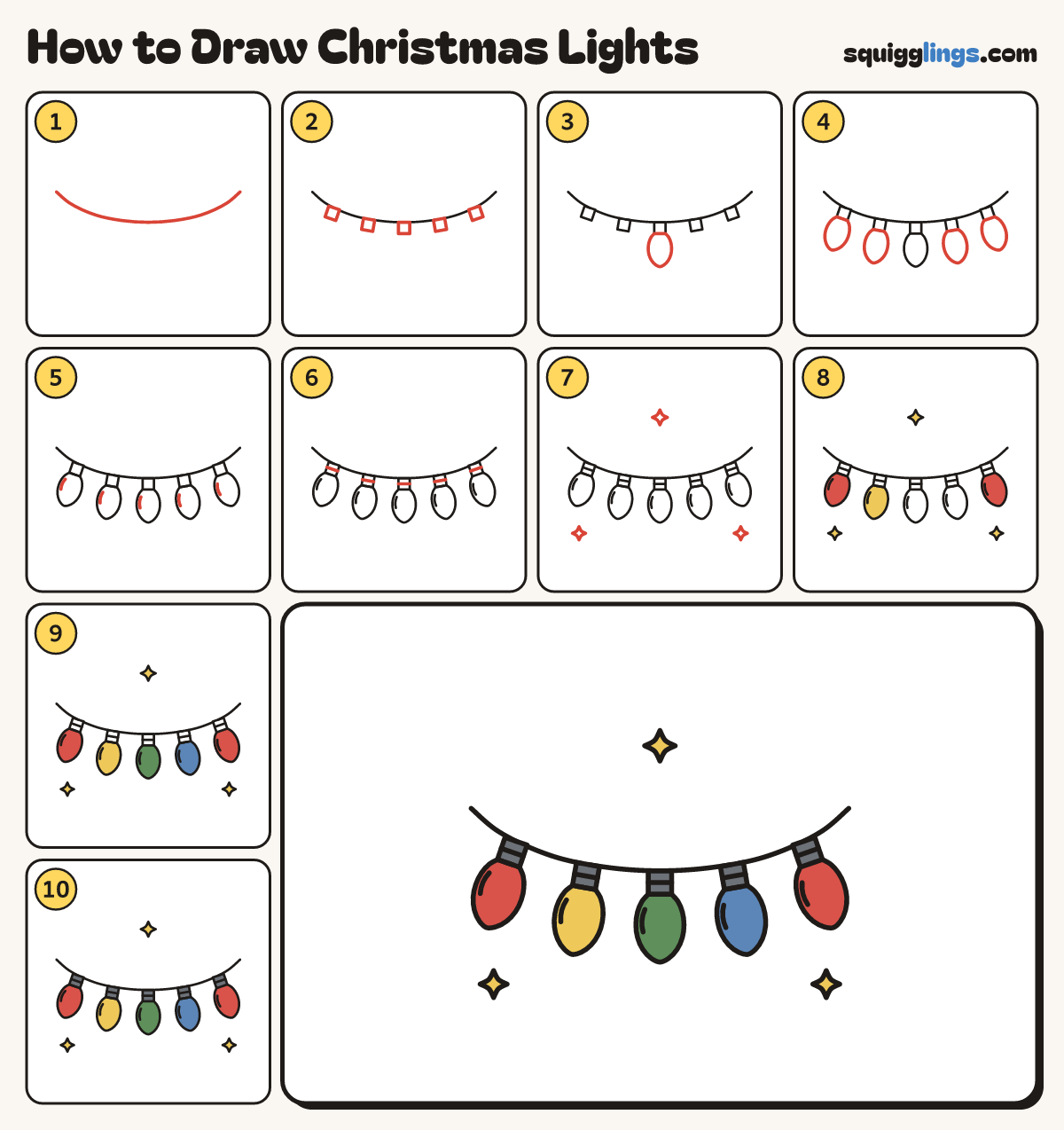 How to Draw Christmas Lights step by step: all 10 steps in one picture