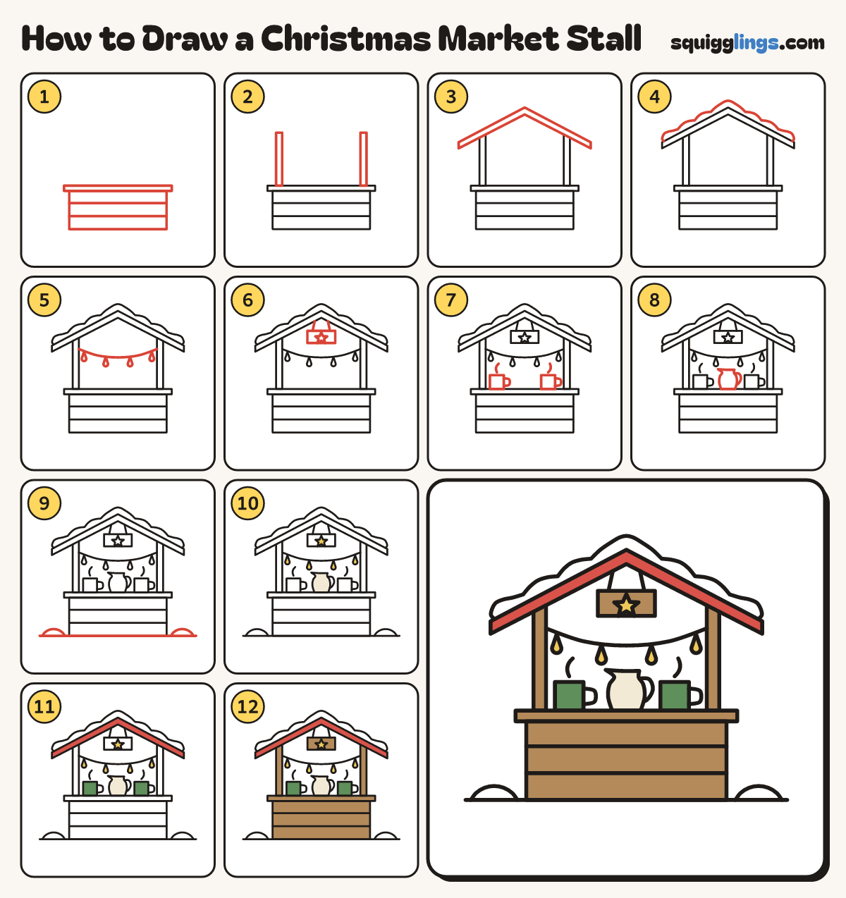 How to Draw a Christmas Market Stall step by step: all 12 steps in one picture