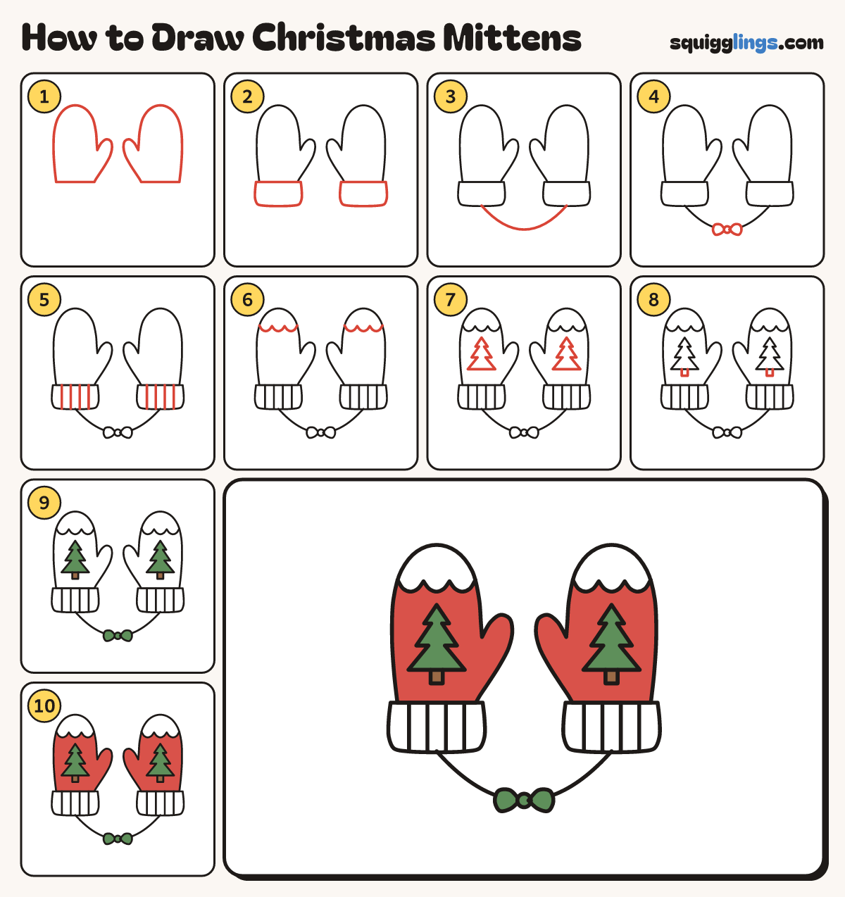 How to Draw Christmas Mittens step by step: all 10 steps in one picture