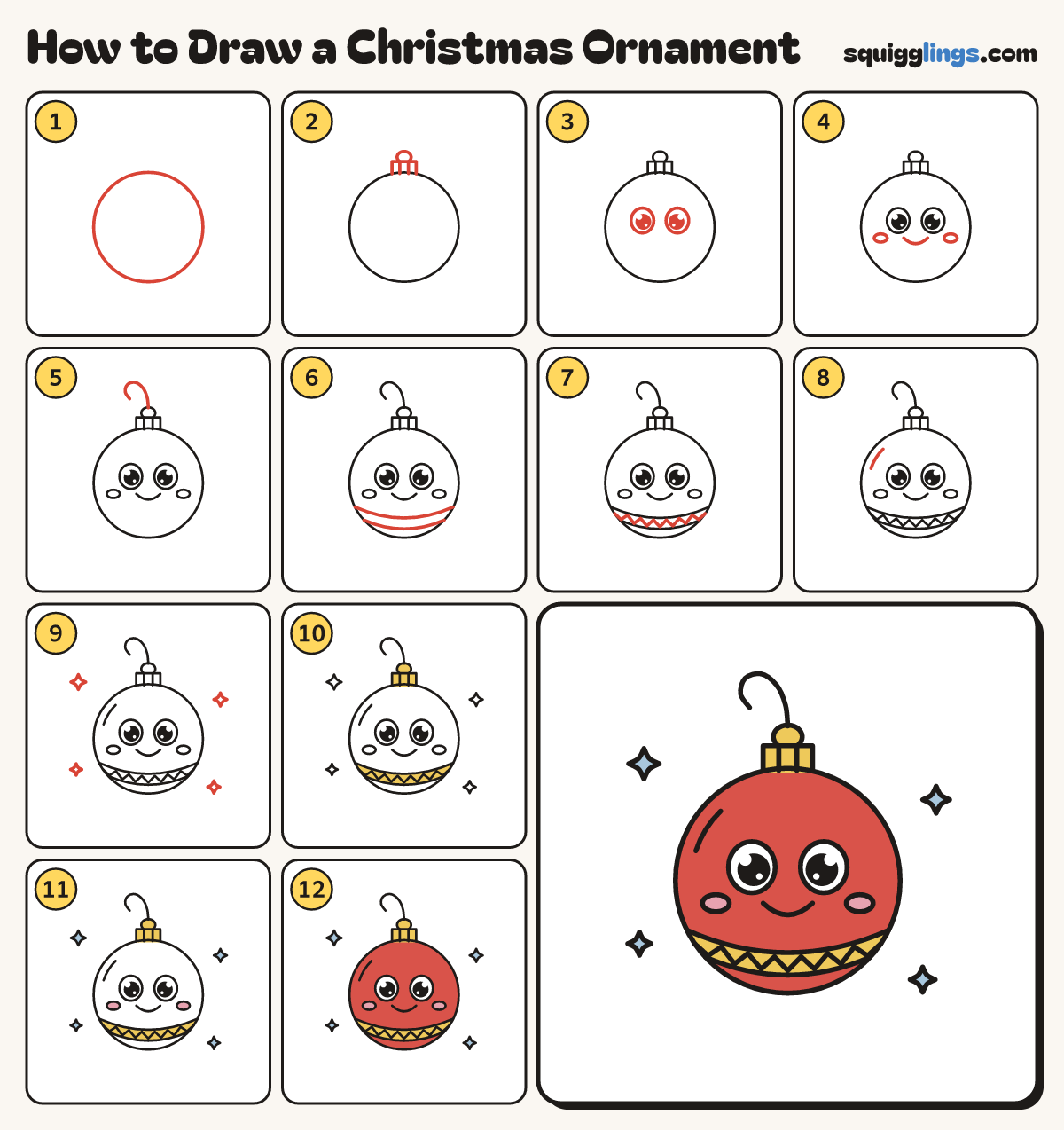 How to Draw a Christmas Ornament step by step: all 12 steps in one picture