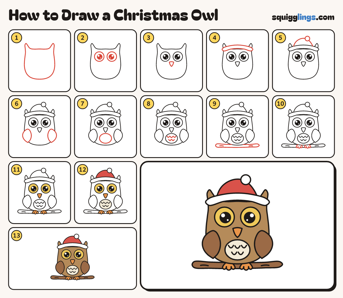 How to Draw a Christmas Owl step by step: all 13 steps in one picture