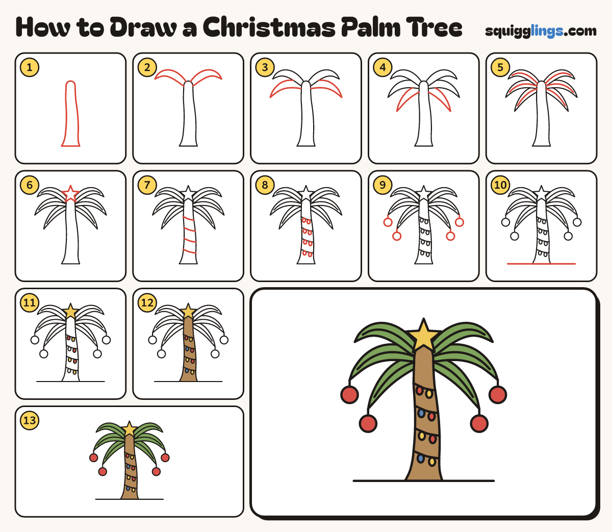 How to Draw a Christmas Palm Tree step by step: all 13 steps in one picture