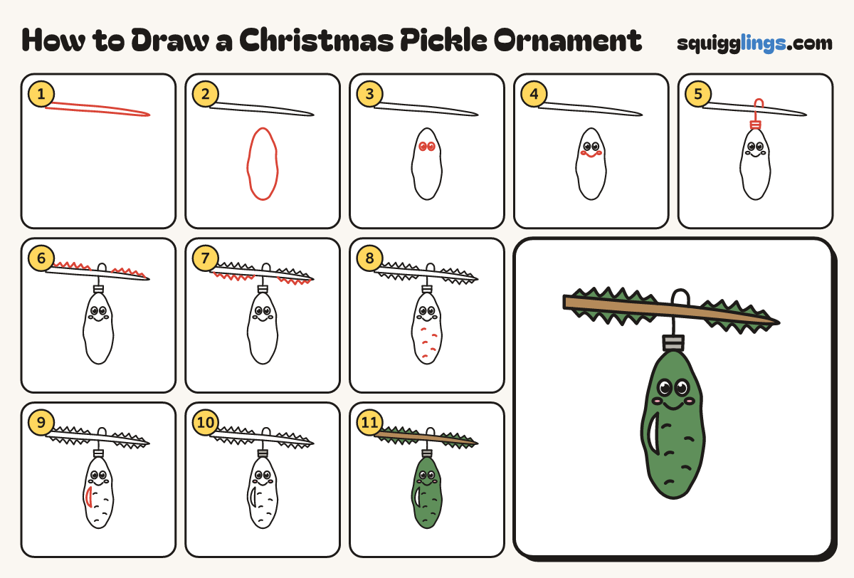 How to Draw a Christmas Pickle Ornament step by step: all 11 steps in one picture