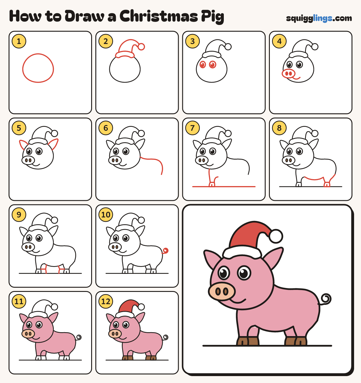 How to Draw a Christmas Pig step by step: all 12 steps in one picture