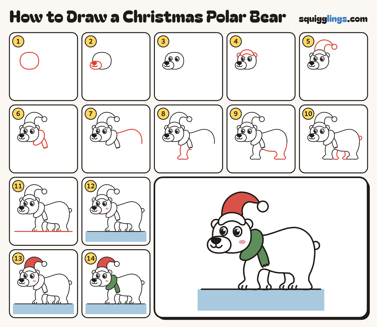 How to Draw a Christmas Polar Bear step by step: all 14 steps in one picture