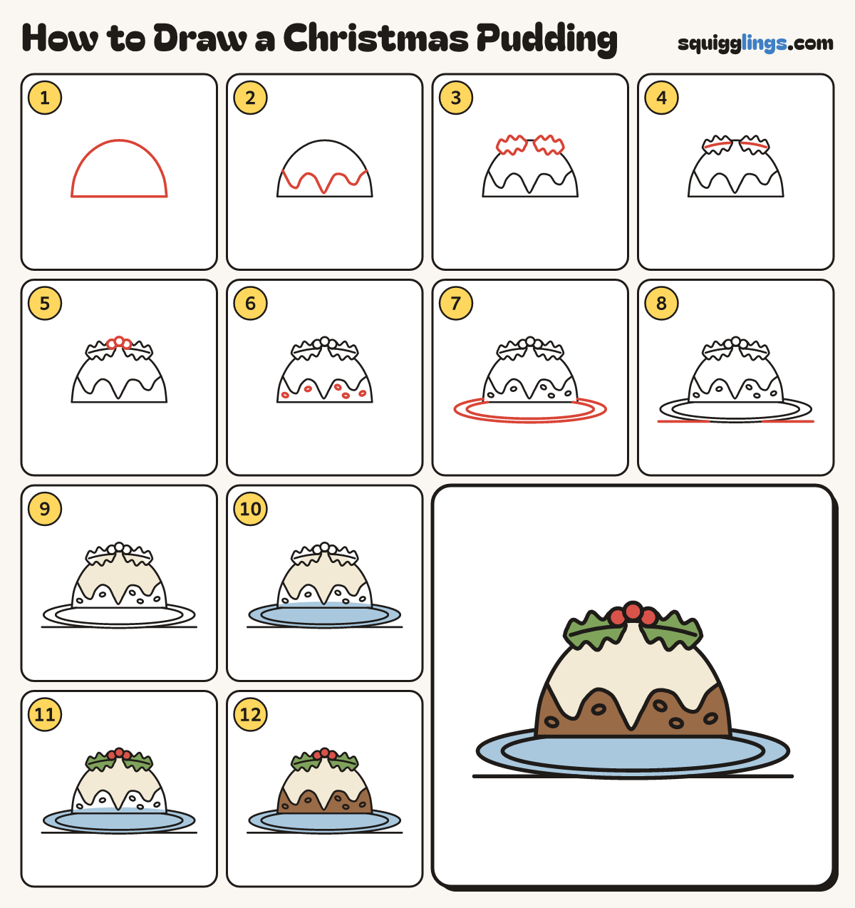 How to Draw a Christmas Pudding step by step: all 12 steps in one picture