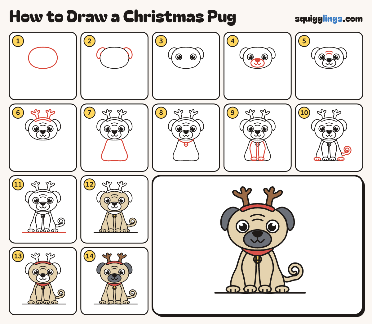 How to Draw a Christmas Pug step by step: all 14 steps in one picture