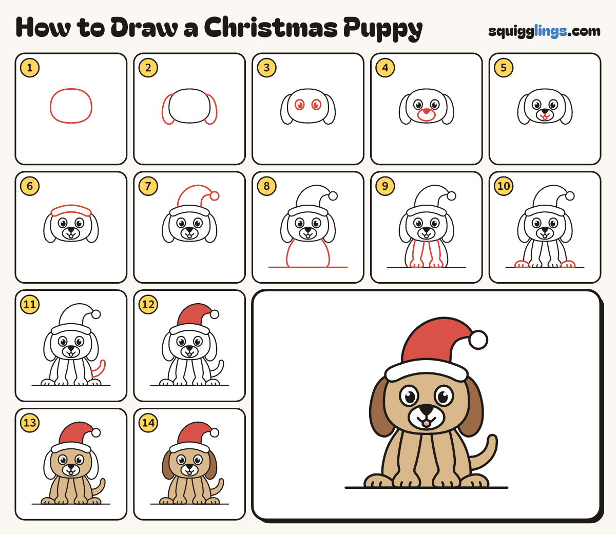 How to Draw a Christmas Puppy step by step: all 14 steps in one picture