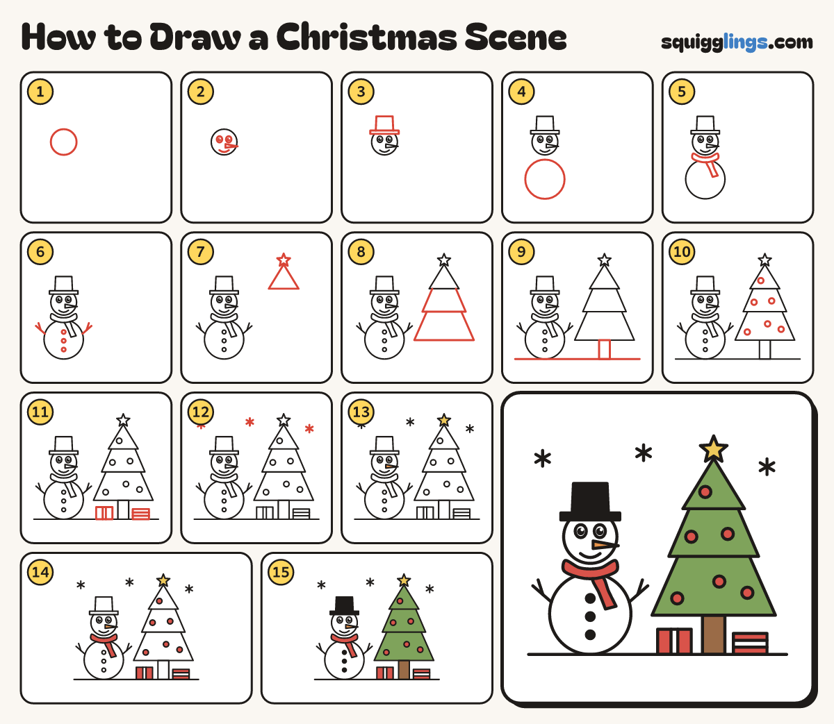 How to Draw a Christmas Scene step by step: all 15 steps in one picture