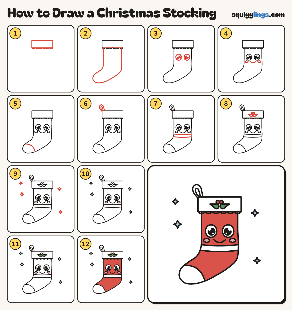 How to Draw a Christmas Stocking step by step: all 12 steps in one picture