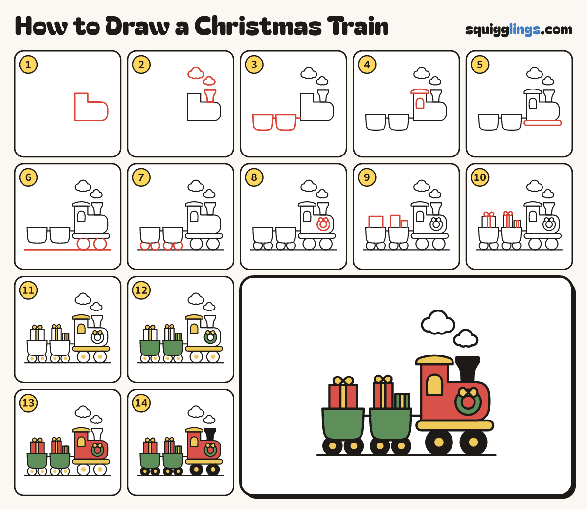 How to Draw a Christmas Train step by step: all 14 steps in one picture