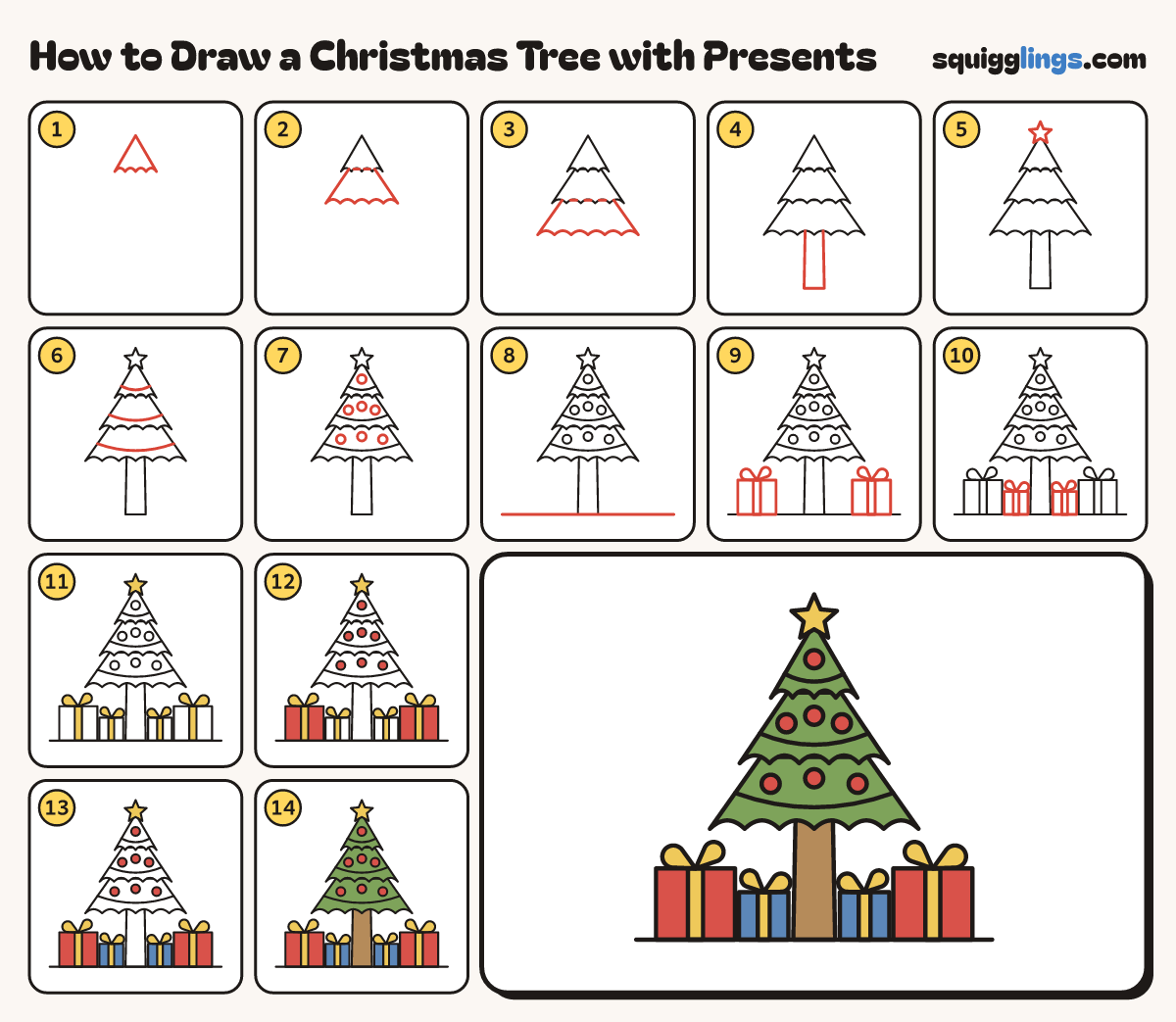 How to Draw a Christmas Tree with Presents step by step: all 14 steps in one picture