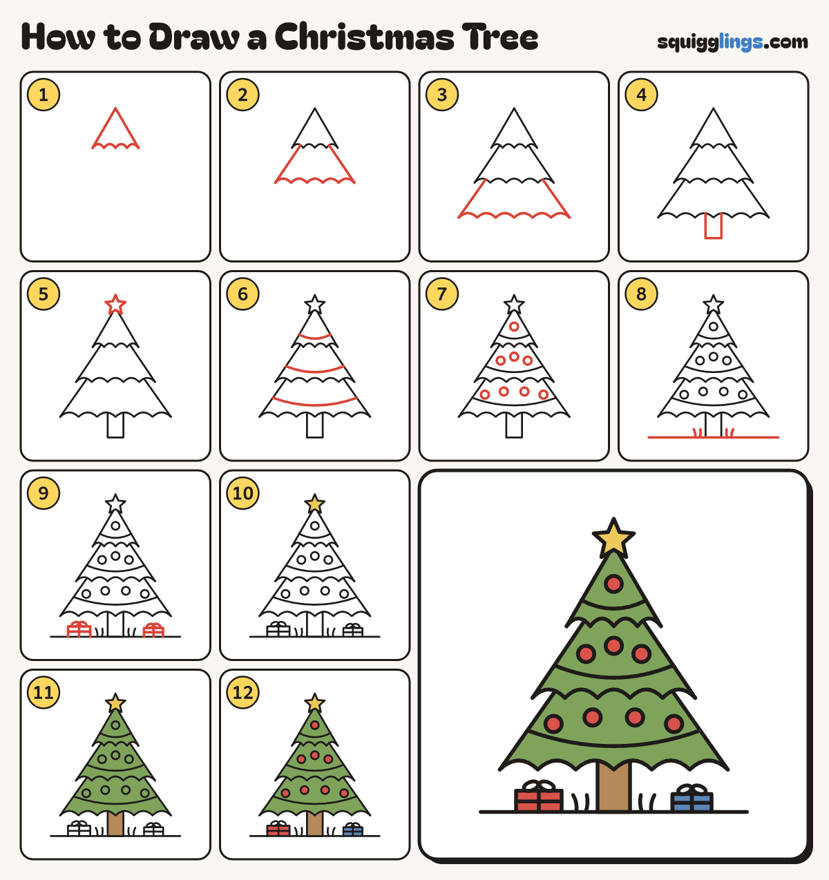 How to Draw a Christmas Tree step by step: all 12 steps in one picture
