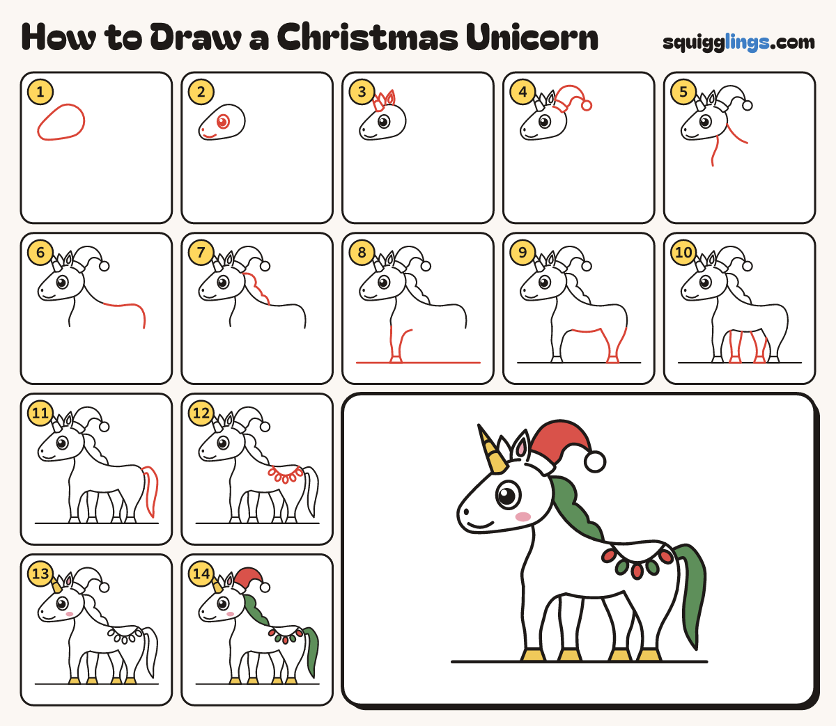 How to Draw a Christmas Unicorn step by step: all 14 steps in one picture