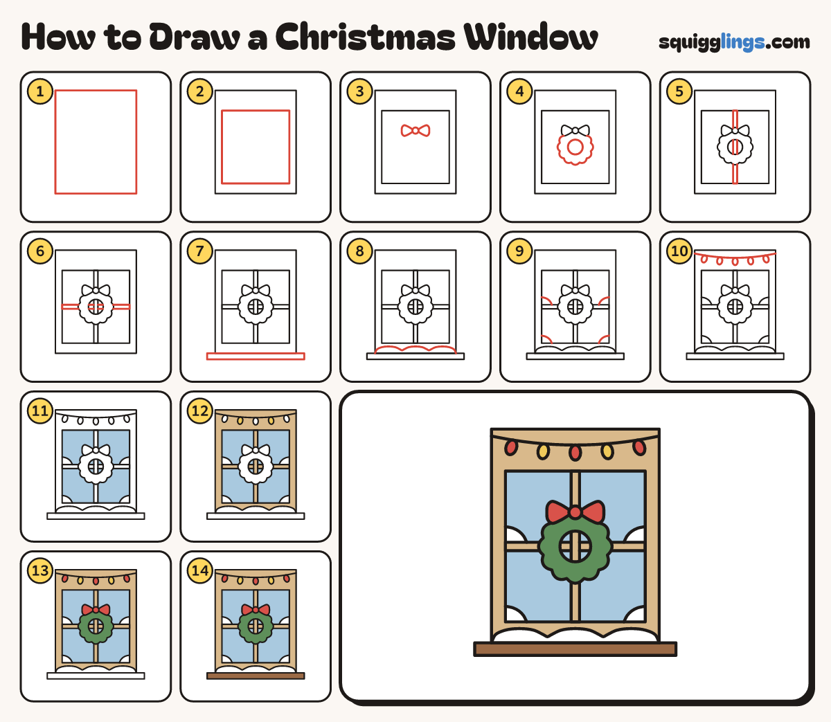 How to Draw a Christmas Window step by step: all 14 steps in one picture