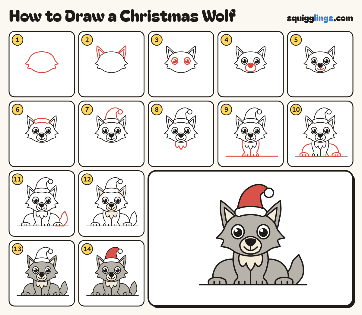 How to Draw a Christmas Wolf step by step: all 14 steps in one picture