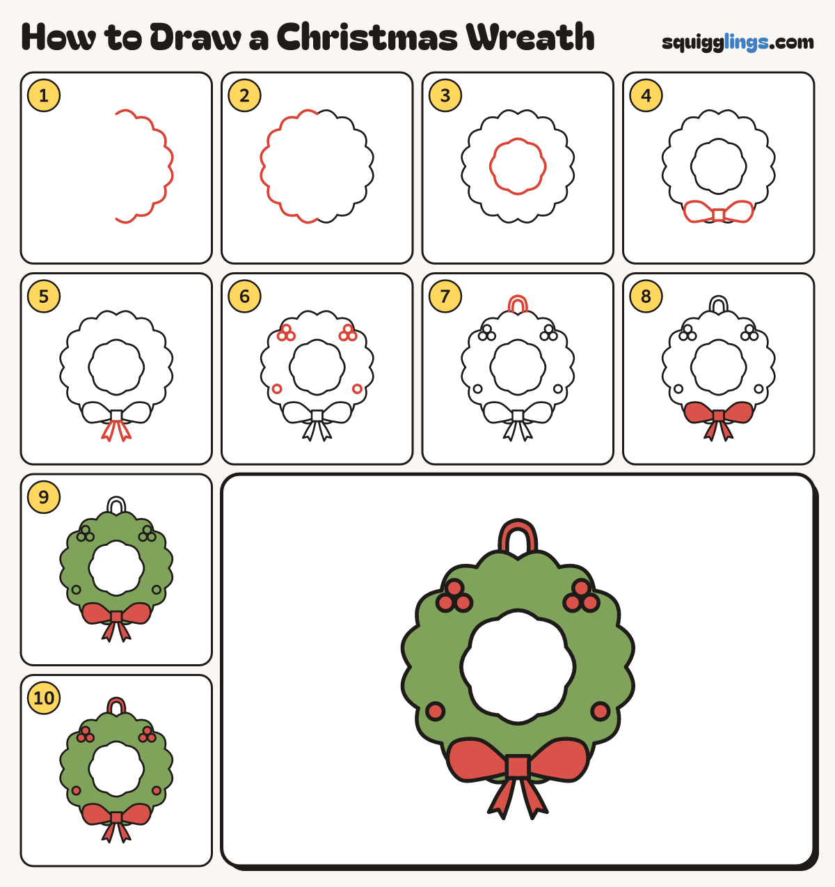 How to Draw a Christmas Wreath step by step: all 10 steps in one picture
