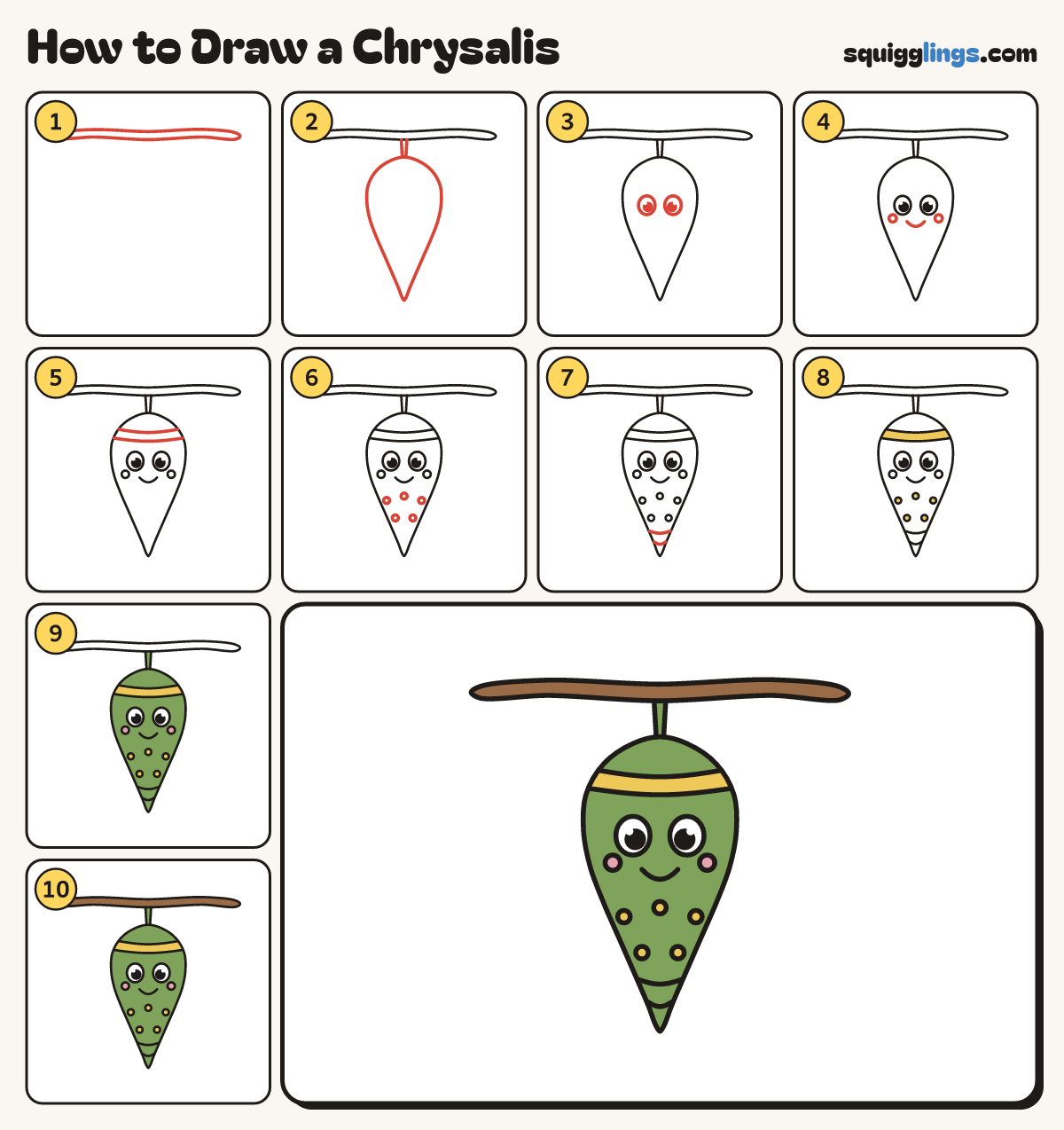 How to Draw a Chrysalis step by step: all 10 steps in one picture