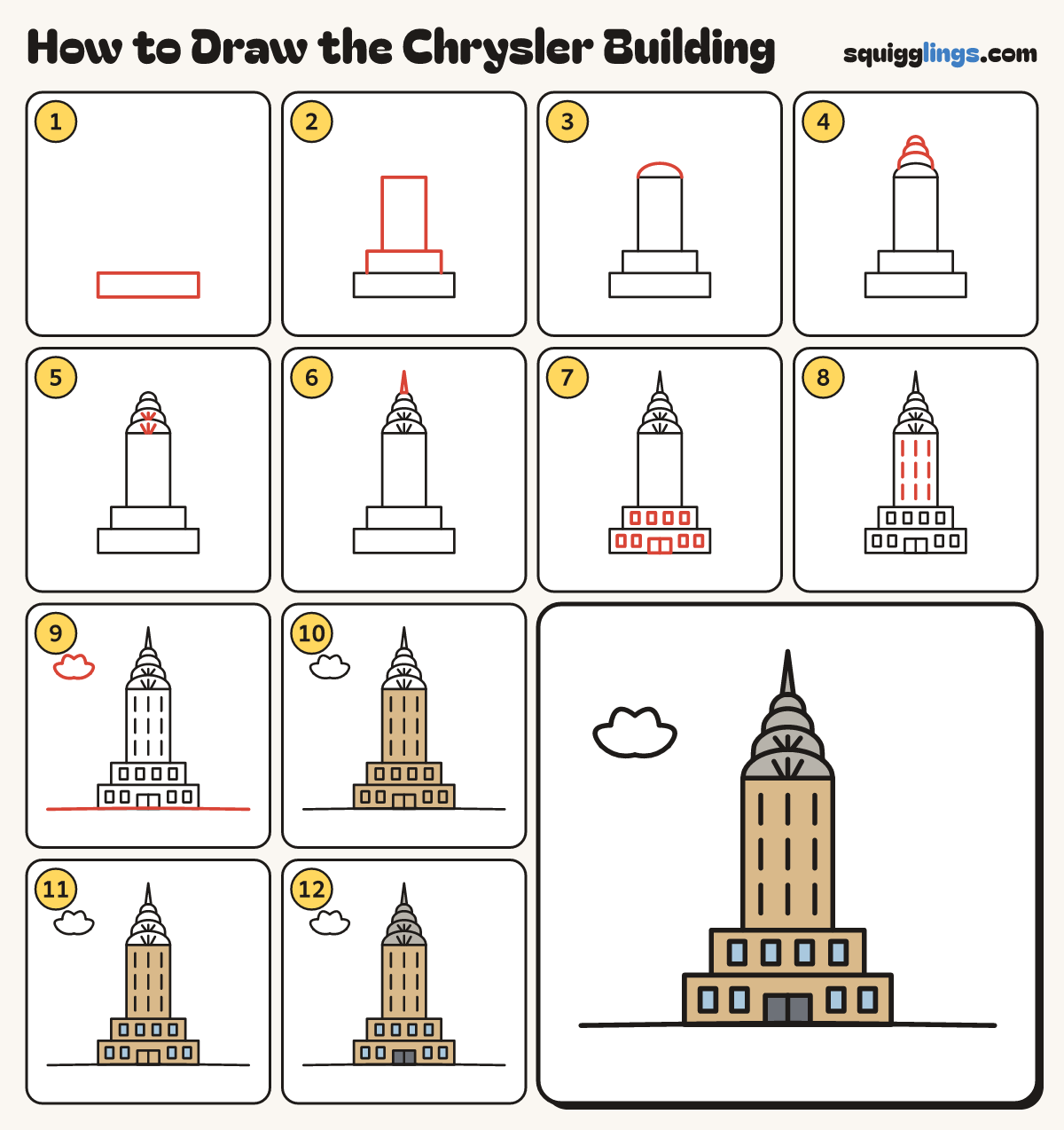 How to Draw the Chrysler Building step by step: all 12 steps in one picture