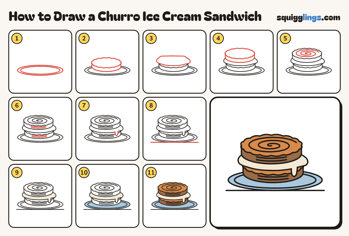 How to Draw a Churro Ice Cream Sandwich step by step: all 11 steps in one picture