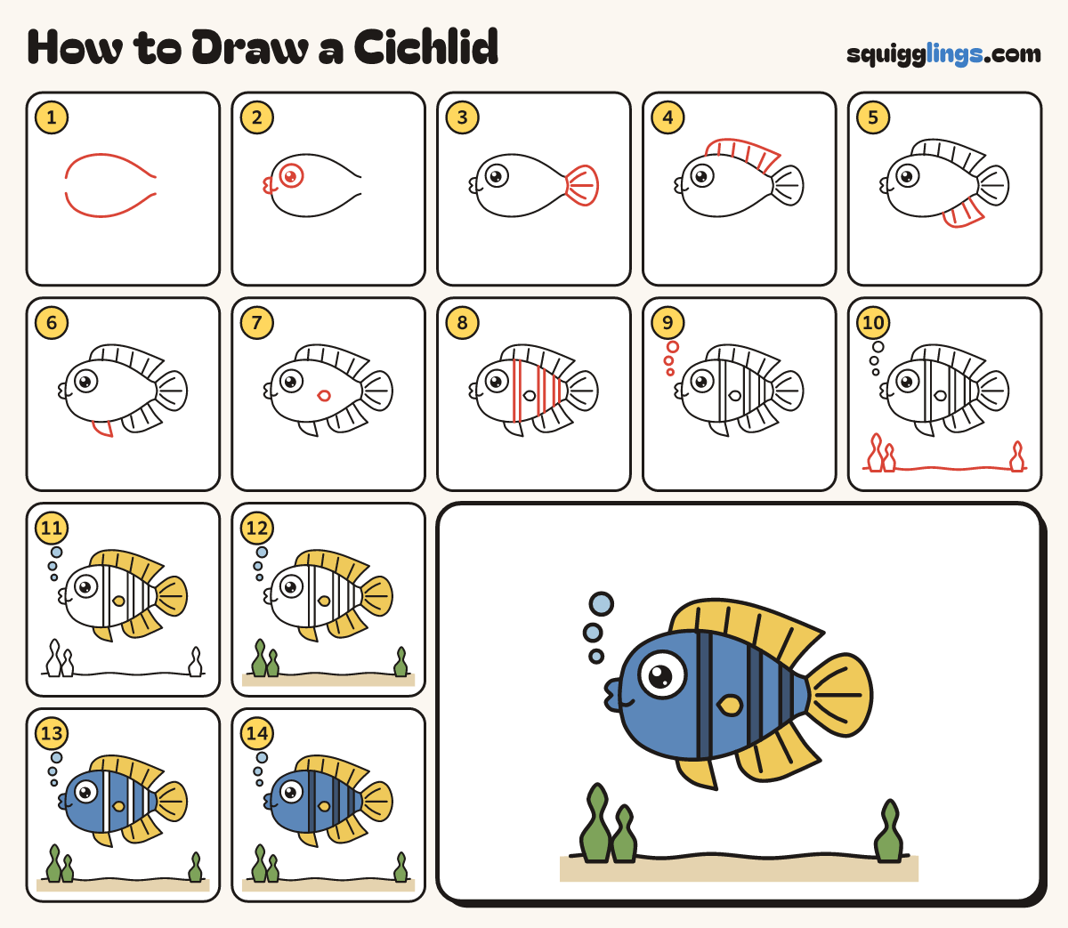 How to Draw a Cichlid step by step: all 14 steps in one picture