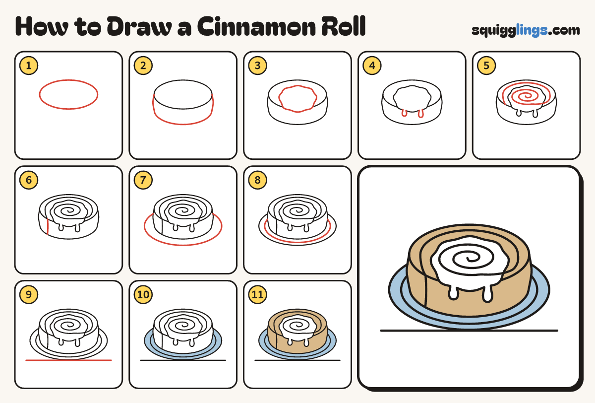 How to Draw a Cinnamon Roll step by step: all 11 steps in one picture