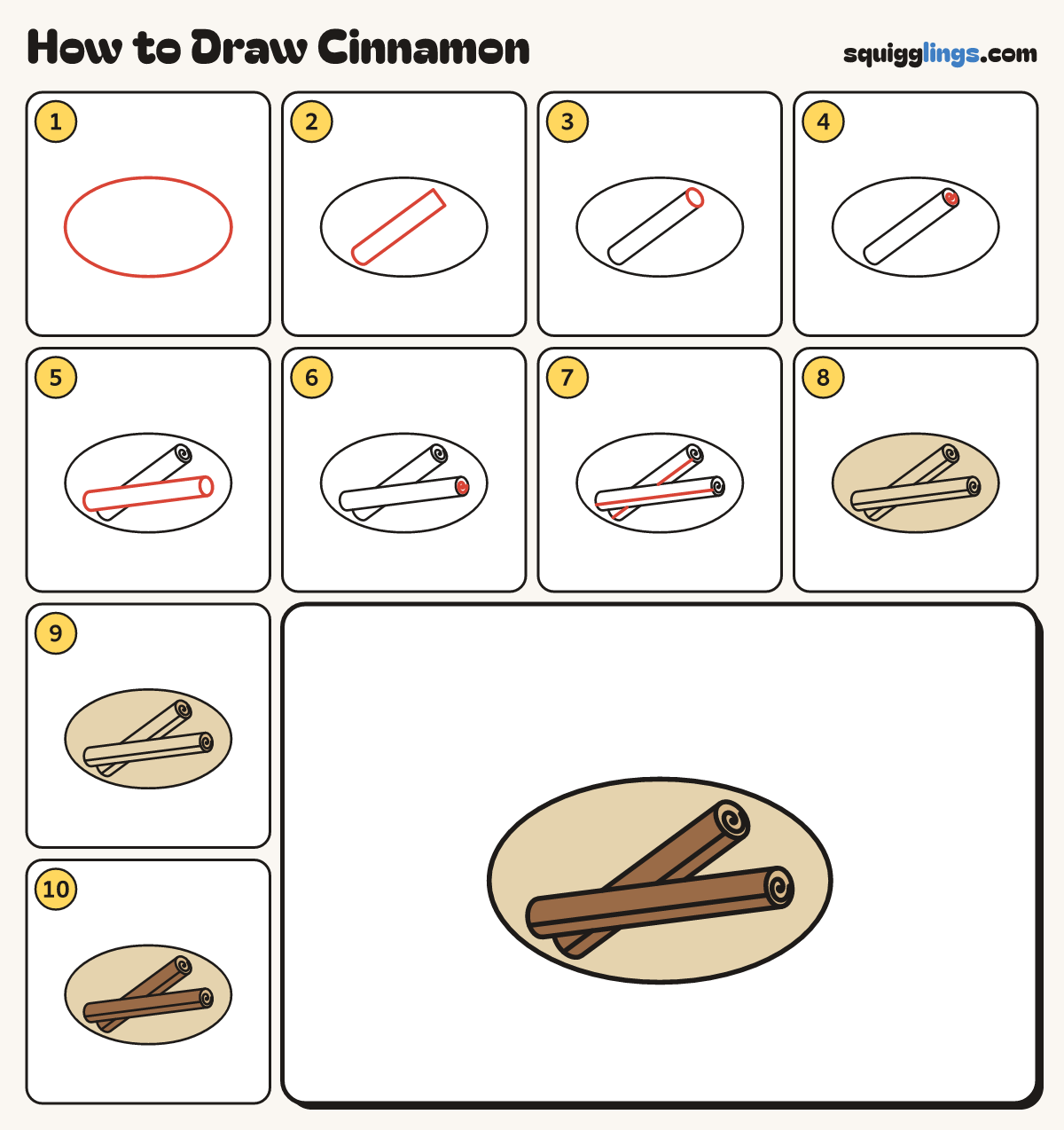 How to Draw Cinnamon step by step: all 10 steps in one picture
