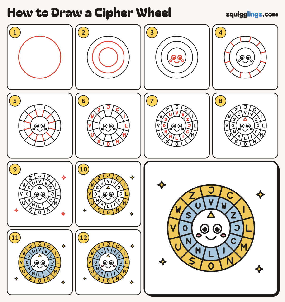 How to Draw a Cipher Wheel step by step: all 12 steps in one picture
