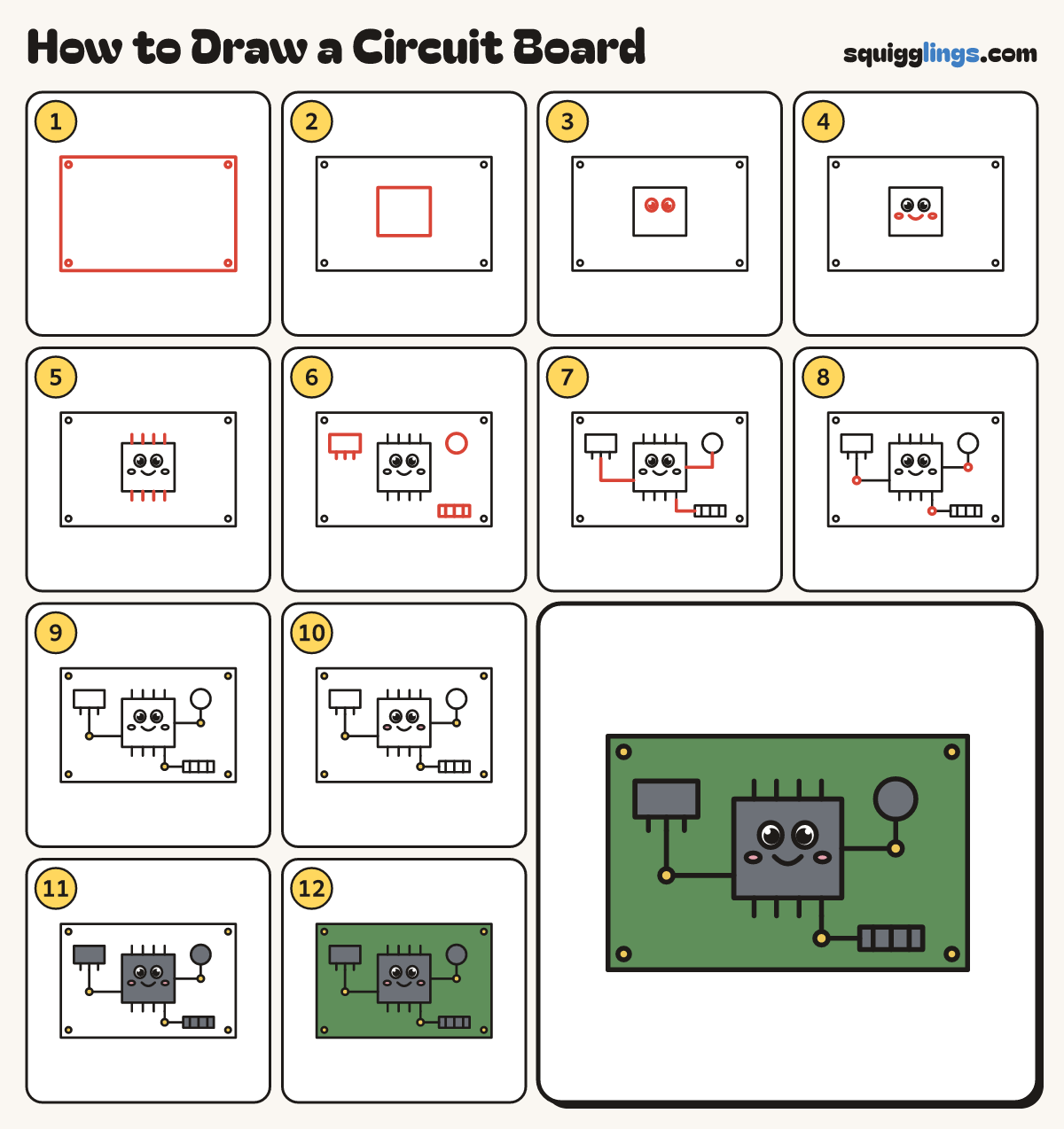 How to Draw a Circuit Board step by step: all 12 steps in one picture