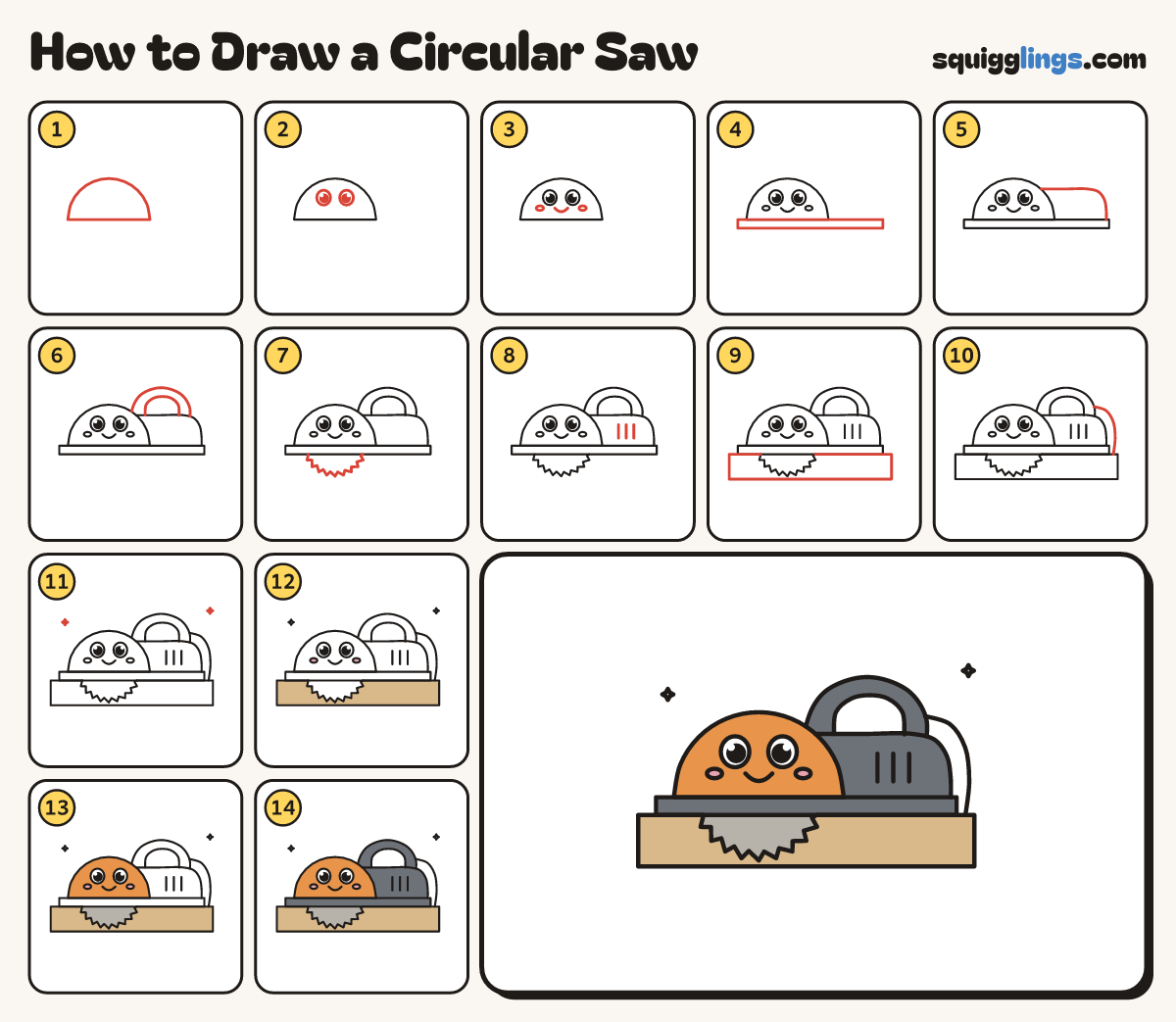 How to Draw a Circular Saw step by step: all 14 steps in one picture