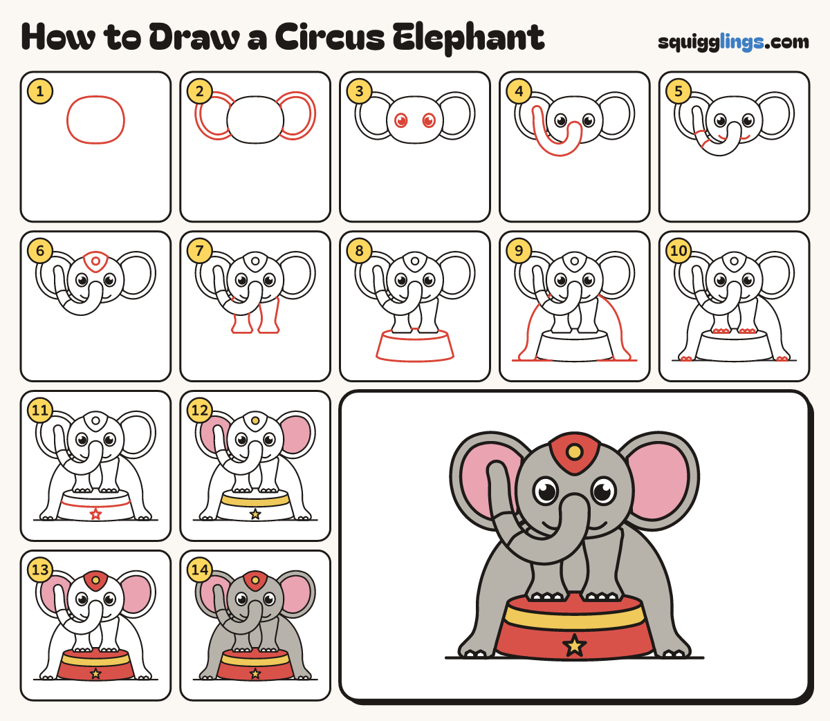 How to Draw a Circus Elephant step by step: all 14 steps in one picture