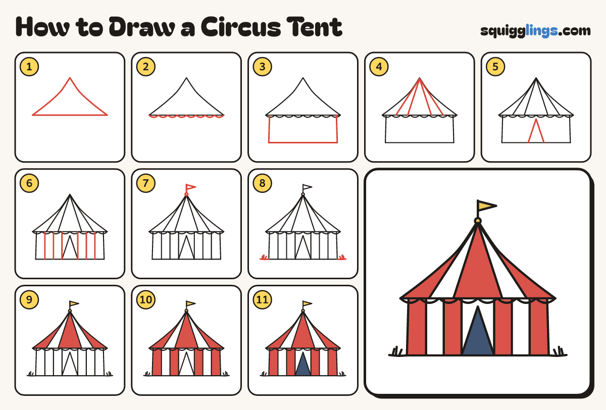 How to Draw a Circus Tent step by step: all 11 steps in one picture